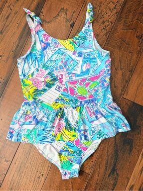 Lilly Pulitzer Kids One-Piece Swim Suit with Ruffle - Greetings from Palm Beach